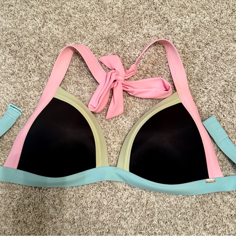 PINK Victoria's Secret Black Bikini Top with Pink, Mint & Light Green Trim